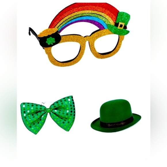 4pc green festive carnival accessories-glasses, fedora, sequin bow, suspenders - Picture 3 of 7
